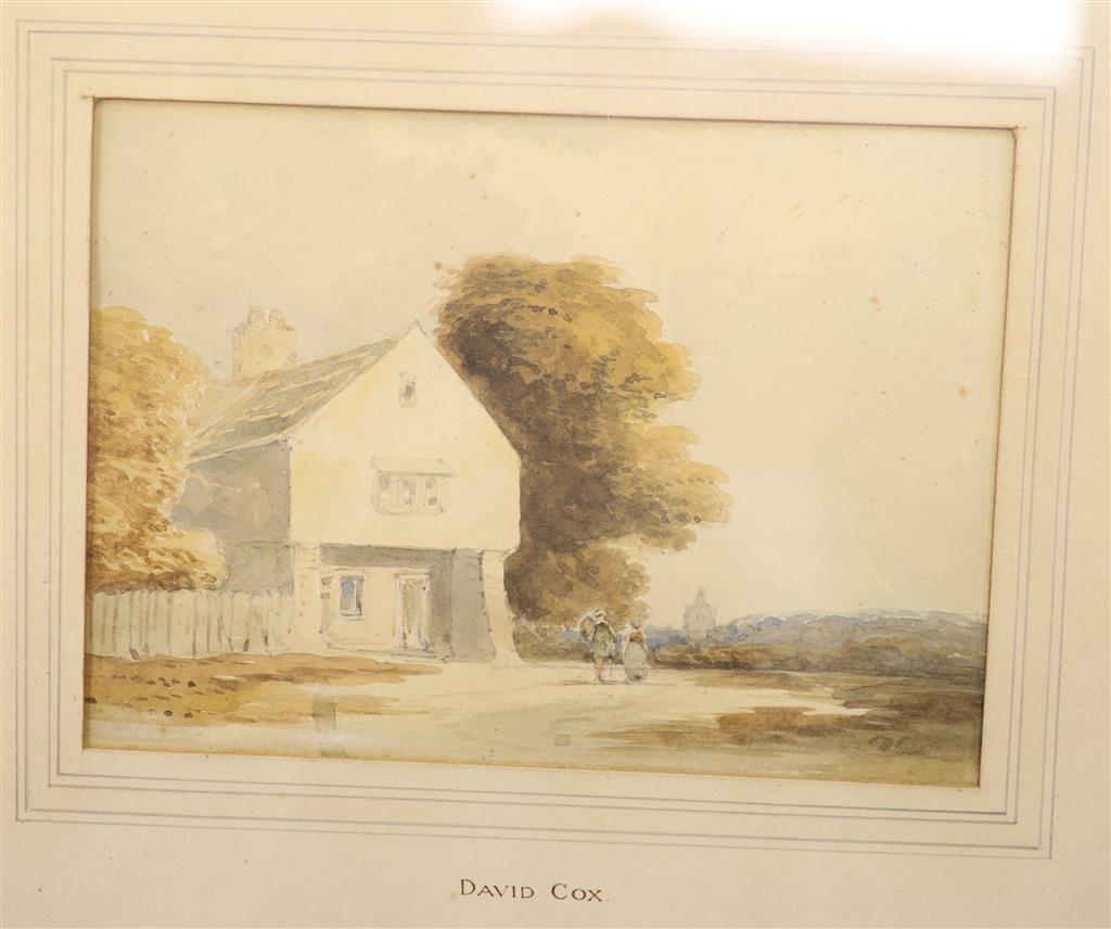 Attributed to David Cox, watercolour, Figures passing a house, 13 x 18cm, with two small oval watercolours and a group of assorted prin